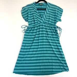 Ella Moss Y2K Teal Striped Empire Waist Dress L Flutter Sleeve Tie Waist Boho